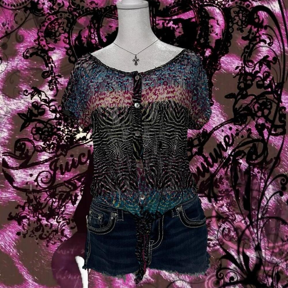 zebra swirl print washed abstract watercolor sheer y2k top - Picture 5 of 8